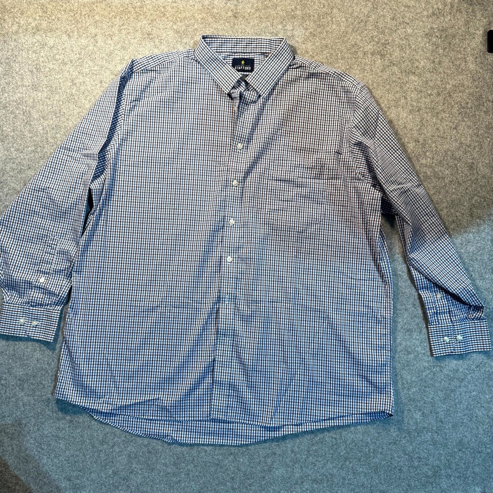 Stafford Smart Tech Men 2XL 18-18.5 Blue Gingham Plaid Cotton Oxford Regular Fit